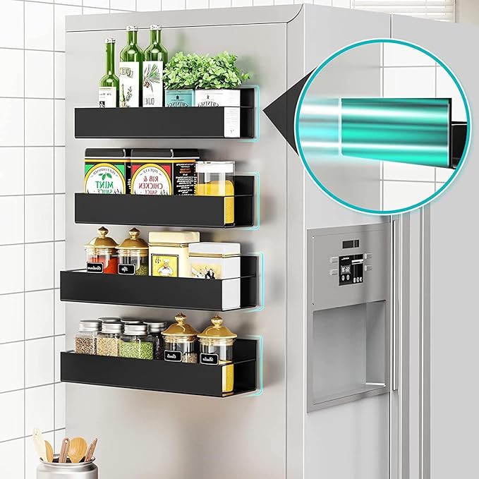 4 Pack Magnetic Spice Storage Rack Organizer for Refrigerator and Oven, Moveable Magnetic Spice Organizer, Black Metal Strong Magnetic Shelf for Fridge and Microwave Oven