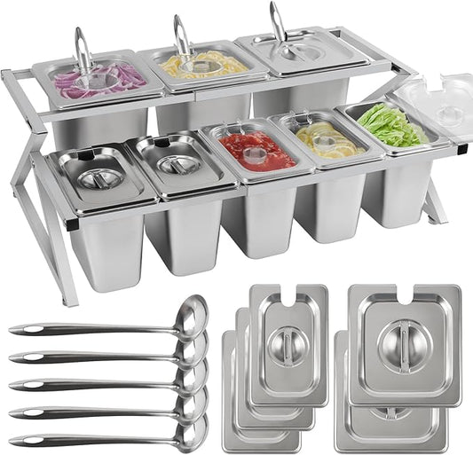 Lanstics 8 Pans Spice Rack Shelf 2 Row Stainless Steel Spice Organizer Stand with Lids Spoons Countertop Inclined Holder Buffet Containers Set for Sauce Jam Fruits Ingredient Kitchen Restaurant Pantry