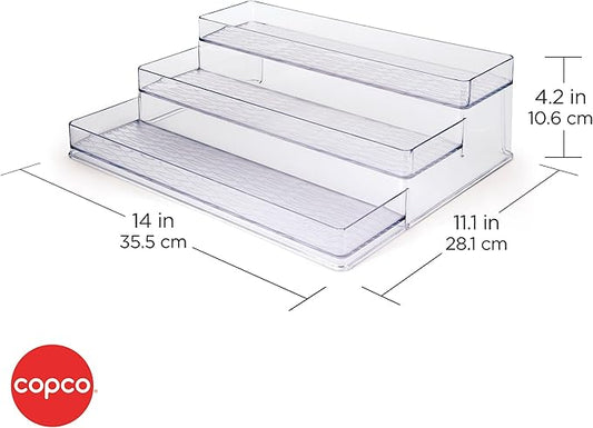 Copco 3 Tier Clear Stadium Organizer with Deep Shelves Versatile Storage for Spices Pantry and Supplies Durable Plastic 3.75 Inch Shelves