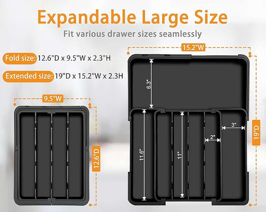 Homecor Silverware Organizer Expandable Kitchen Drawer Organizer with 7 Slots, Adjustable Cutlery Utensil Drawer Organizer, Kitchen Utensil Storage Tray for Forks Knives Spoons, Anti-Slip, Black