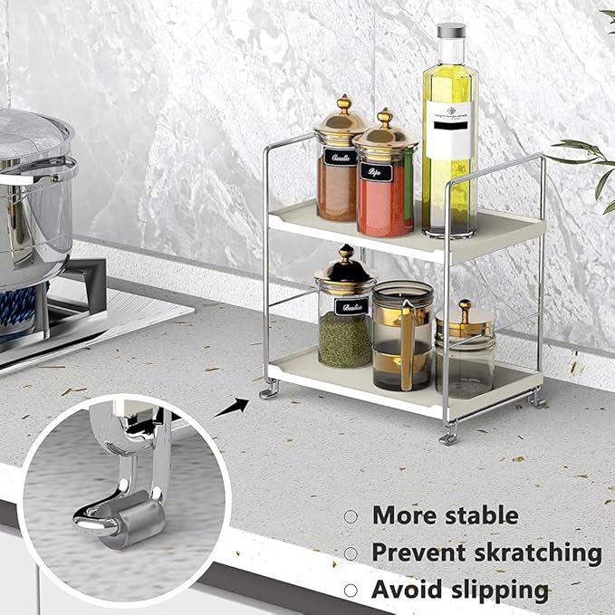 Plastic/Metal Freestanding Stackable Organizer Shelf,Bathroom Countertop Storage Shelf Cosmetic Organizer Holder Kitchen Spice Rack,2-Tier Standing Rack (Silver)
