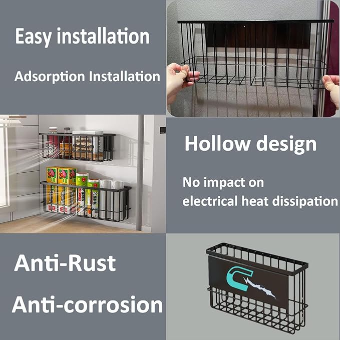 Magnetic Shelf for Fridge, Large Metal Magnetic Spice Rack Black for Kitchen Organization and Storage, Moveable Spice Organizer for Refrigerator and Any Other Metal Surface