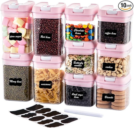 U-QE Airtight Food Storage Container Set-10 Piece BPA Free Clear Plastic Cereal Canisters with Easy Lock Lids-Kitchen & Pantry Organization Containers for Sugar, Flour, Cereal, Labels & Marker(Pink)