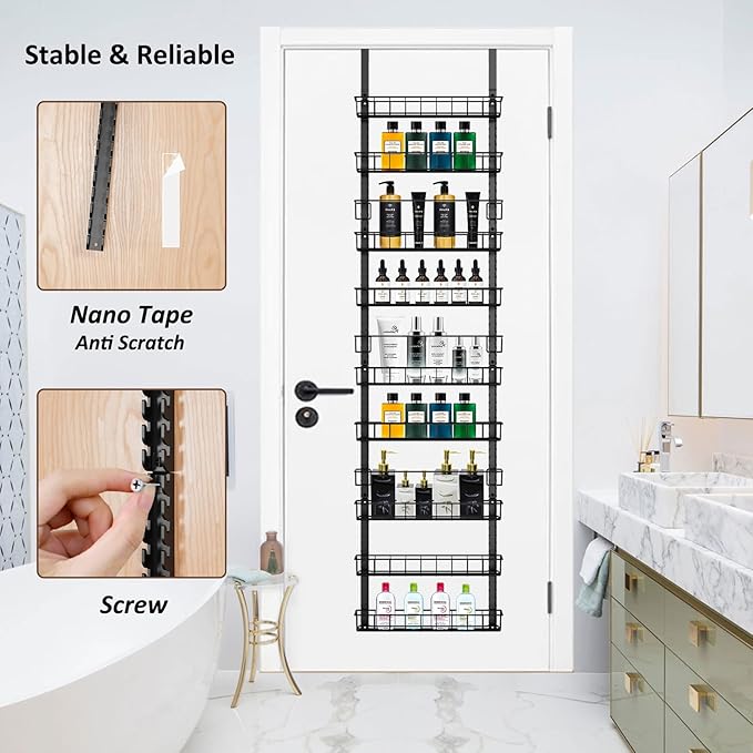 Churboro Over the Door Pantry Organizer Rack with 9 Adjustable Baskets, 9 Tiers Dual-use Hanging or Wall Mount Spice Rack Organizer, Black