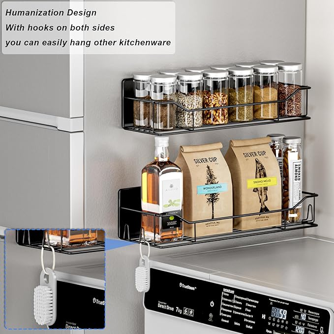 Magnetic Spice Rack for Refrigerator,8 Pack Magnetic Fridge Shelf, Moveable Spice Organizer with Hook Rack, Paper Towel Holder, Utensil Holder,cup lid holder, Super Magnetic Rack Set (Black)