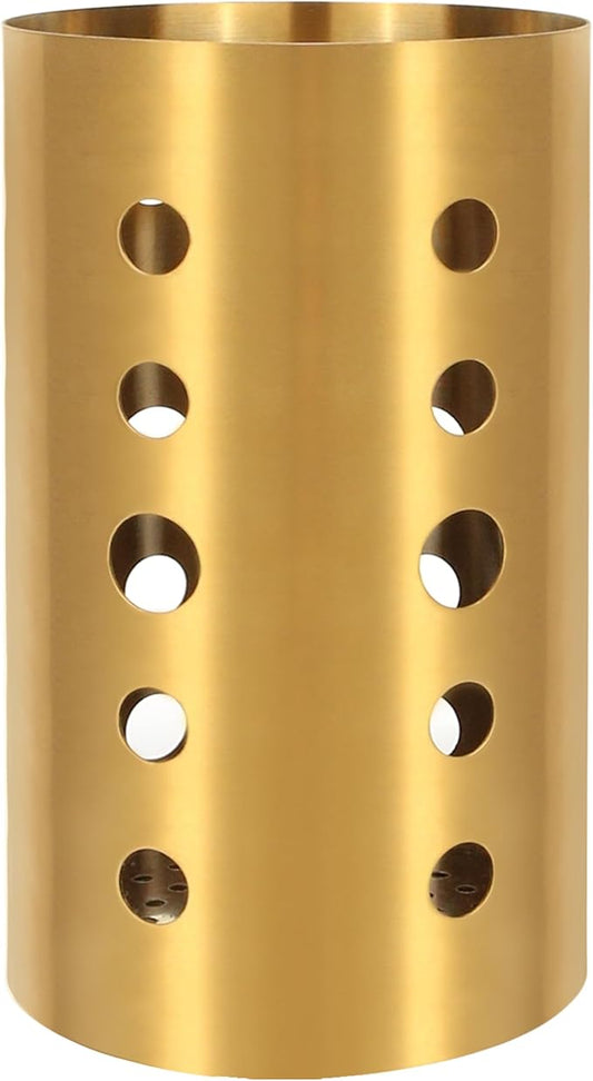 Gold Stainless Steel Utensil Holder 3.93x6.9 inch – Flatware Cylinder Draining Organizer & Drying Rack Caddy Basket for Kitchen Counter with Round Drain Holes, Stand for Fork, Knive, Spoon, Chopstick