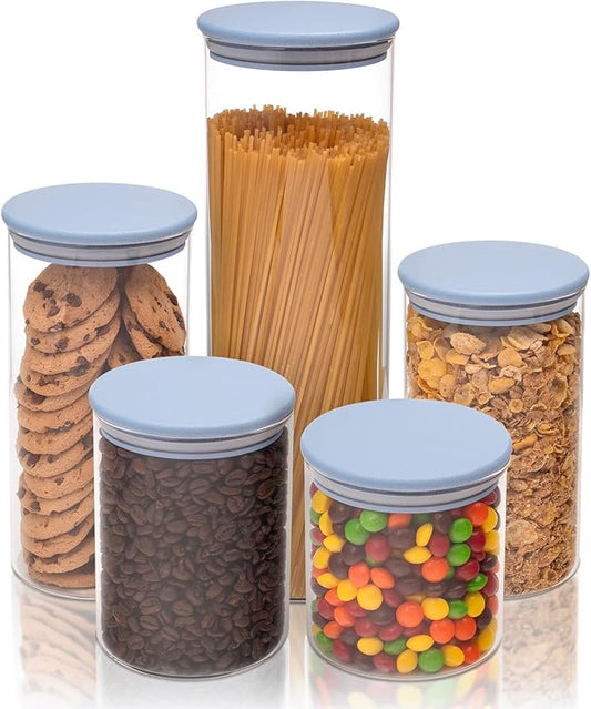5-Piece Glass Storage Containers With Lids | Food Grade Safe Airtight Snack Containers, Pantry Organizers and Kitchen Storage with Colorful Bamboo Lids for Pasta, Oats, Coffee & Sugar