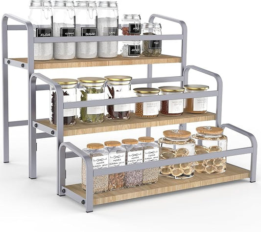 Spice Rack Organizer for Countertop , 3-Tier Spice Storage Holder with Magnetic Connetion for Kitchen , Durable Syrup Rack with Fall Protection ,Versatile Display Rack for Wine Bottles,Cosmetics.