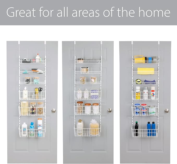 Smart Design Over The Door Pantry Organizer Rack with 6 Adjustable Shelves - Steel Metal Wire Baskets and Frame - Hanging - Wall Mountable - Cans, Spice, Storage, Closet, Bathroom, Kitchen - White