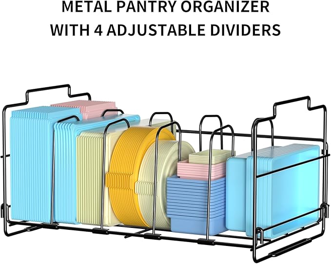 Set of 2 Stackable Food Container Lid Organizer, Adjustable Metal Lid Storage Shelf for Kitchen, 4 Dividers Detachable Lid Organiser Rack for Cabinets, Cupboards, Pantry Shelves, Drawers, Black