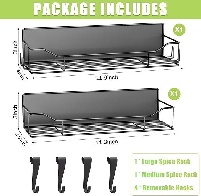 Magnetic Spice Rack for Refrigerator, 2 Pack Strong Magnet Spice Organizer Shelves with Hooks, Magnetic Fridge Shelf for Kitchen Organization and Storage, Seasoning Organizer Gadgets (Black)