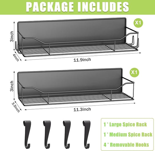 Magnetic Spice Rack for Refrigerator, 2 Pack Strong Magnet Spice Organizer Shelves with Hooks, Magnetic Fridge Shelf for Kitchen Organization and Storage, Seasoning Organizer Gadgets (Black)