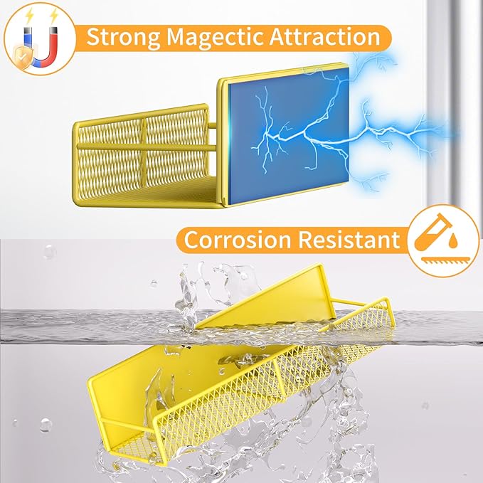 Magnetic Spice Rack for Refrigerator, 2 Pack Metal Magnetic Shelf, Moveable Spice Organizer with Hooks, Super Magnetic Fridge Shelf for Kitchen Organization and Storage, Yellow