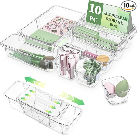 10 Pcs Clear Drawer Organizer, Adjustable Storage Bins (3 Sizes), Desk and Dresser Organizers for Makeup, Cosmetics, Kitchen Utensils, Bedroom, and Gadgets