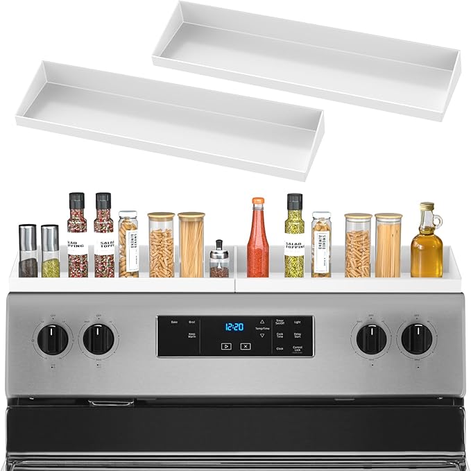 30" Magnetic Stove Top Shelf Spice Rack,2 Pack 15" Kitchen Seasoning Organizers Storage Gadgets Spice Rack Over The Stove Shelf Metal, Only for Flat Top Stove(White)