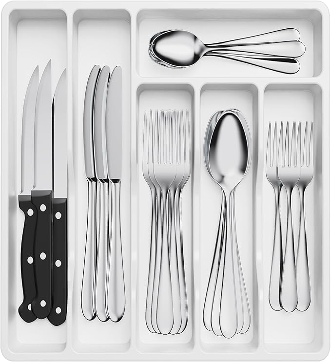 Lifewit Silverware Drawer Organizer Tray, Plastic Cutlery Storage for Kitchen Drawer, Flatware and Utensil Holder Divider for Spoons Forks Knives Tableware, 6 Compartment, White