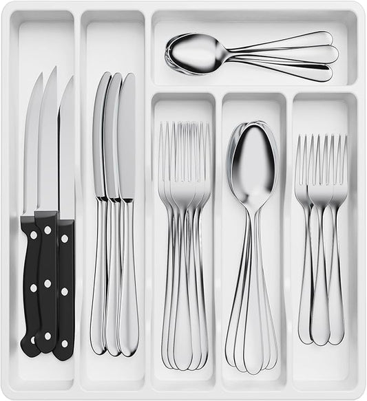 Lifewit Silverware Drawer Organizer Tray, Plastic Cutlery Storage for Kitchen Drawer, Flatware and Utensil Holder Divider for Spoons Forks Knives Tableware, 6 Compartment, White
