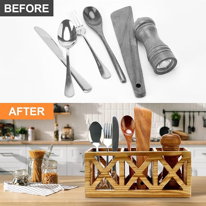 Wooden Cutlery Silverware Holder Flatware Caddy Wood Utensil Organizer for Kitchen Counter Decor Small Silverware Countertop Spoon and Fork Holder Table Utensil Caddy for Party Cutlery Basket