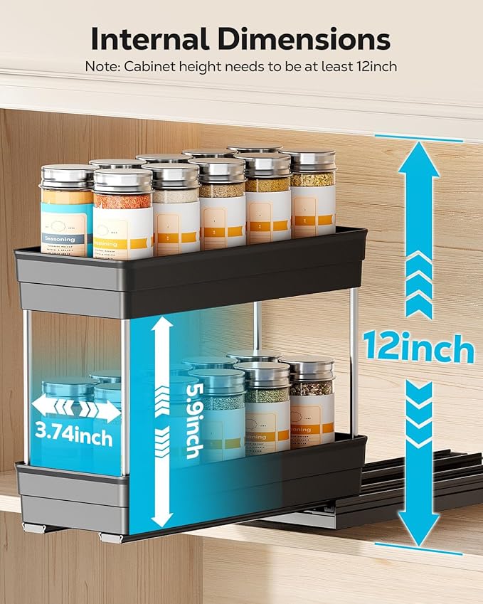 Nieifi Vertical Spice Rack Pull Out-Spice Racks for Inside Cabinets-4-1/3 inch Wide-Suitable for Cabinets Larger Than 12 inches High-Seasoning Kitchen Organizer-4.3"W x 10.6"D x 8.7"H-1 Pack-2 Tier