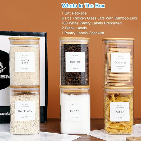 6 Pack Square Glass Kitchen Storage Jars with Airtight Bamboo Lids and 132 Pantry Labels - 35oz Glass Canisters With Wood Lids - Glass Food Storage Containers for Coffee, Cookie, Tea, Spice