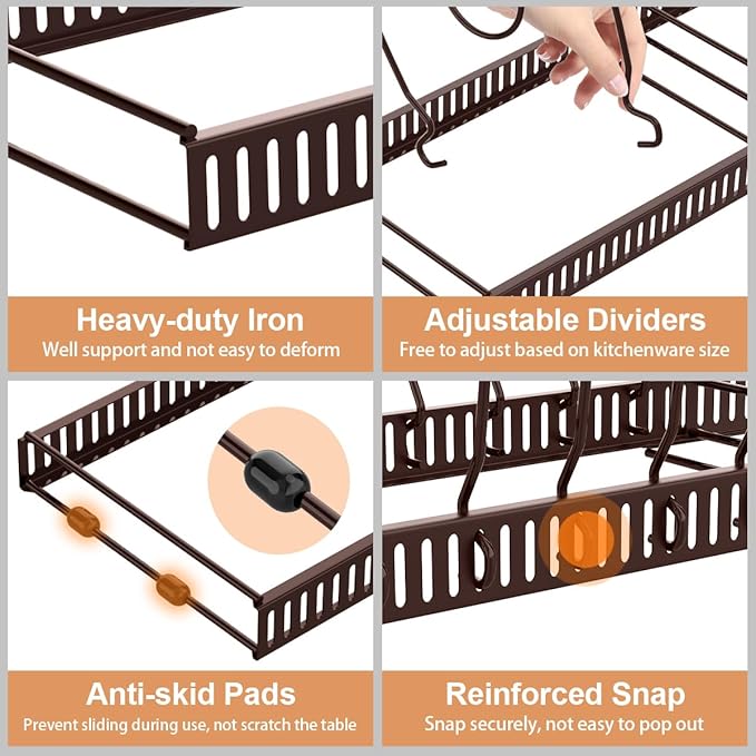 Pot and Pan Organizer Rack for Cabinet, Expandable Pot Lid Organizer with 14 Adjustable Dividers, Pan Holder Storage Rack for Kitchen Cabinet, Bronze