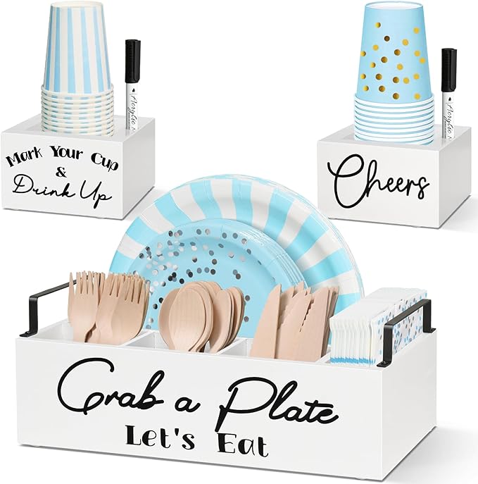 Paper Plate Holders with 2 Cup Holders and 2 Markers, Wood Utensil Holder for Party, Kitchen Paper Plate Dispenser for Counter, Disposable Plate Organizer, Silverware Holder for Cup, Plate, Napkin