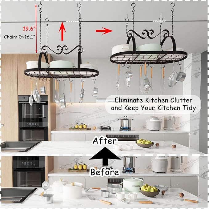Hanging Pot Rack Ceiling Mount, 33" Metal Ceiling Pan Hanging Rack with 15 S Hooks, Oval Pot and Pan Storage Rack, Decorative Vintage Brown Pot Hangers for Kitchen Organize Utensils Cookware