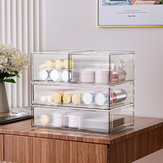 ZHIAI Stackable Storage Box, Acrylic Organizer, Cosmetic Organizer for Cosmetics and Beauty Products for Dressers, Bathrooms, Cabinets, Bedrooms and Home Organization 4 Piece Set
