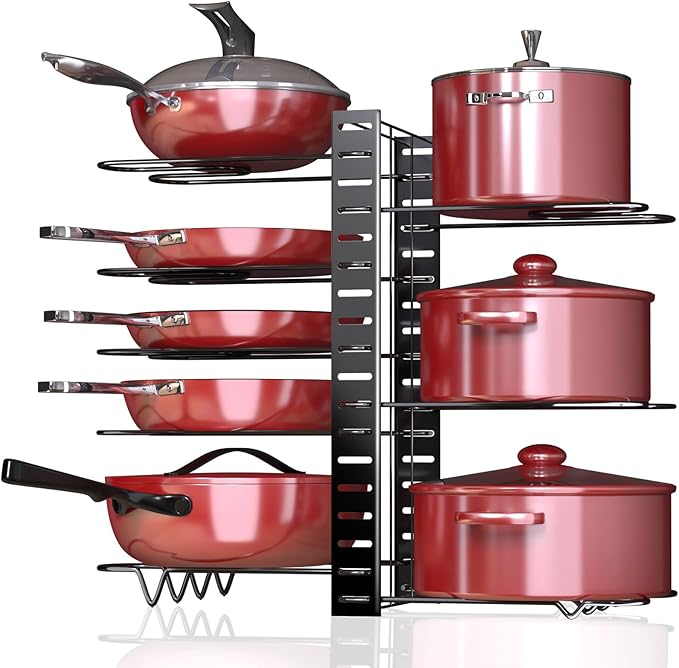 Pots and Pans Organizer for Under Cabinet, 8 Tier Adjustable Pot Organizer Rack for Under Cabinet, With Drain Tray Placeable Cookware Organizer Baking Cookie Cutting Board, 3 DIY Pot Rack Organizer