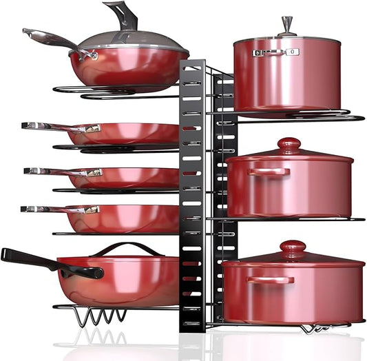 Pots and Pans Organizer for Under Cabinet, 8 Tier Adjustable Pot Organizer Rack for Under Cabinet, With Drain Tray Placeable Cookware Organizer Baking Cookie Cutting Board, 3 DIY Pot Rack Organizer