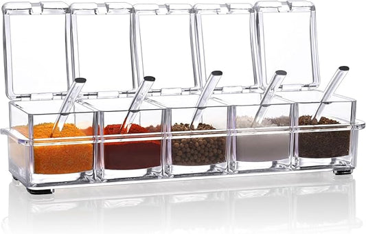 V·RESOURCING Clear Seasoning Box, 5 Pieces Clear Seasoning Storage Container for Spice Salt Sugar Cruet,Condiment Jars with Spoons