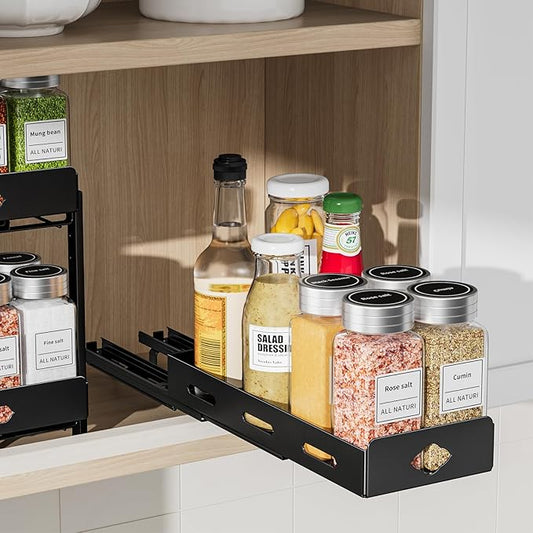 RCHYFEED Pull Out Spice Rack Organizer for Cabinet, Heavy Duty Slide Out Spice Rack for Inside Cabinets, Kitchen Cabinet Seasoning Organizer Small Vertical Spice Racks,4.2" Wx10.5 Dx2.8 H,Black