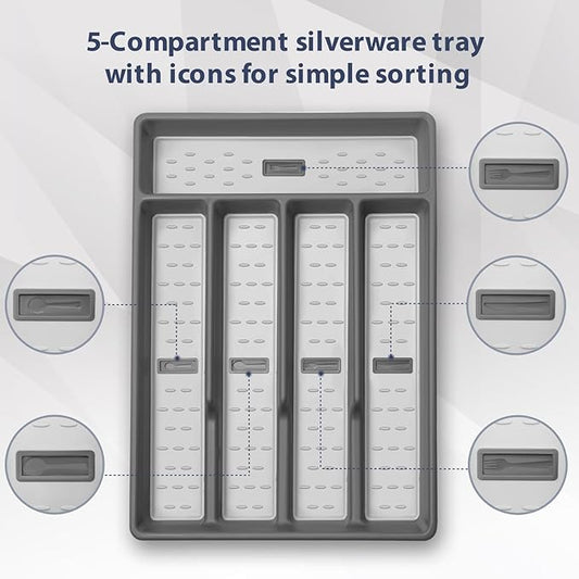 Silverware Organizer with Cutlery Icons，Silverware Tray for Kitchen Drawer，Flatware Tableware Cultery Drawer Organizer Utensil Organizer with Non-slip TPR Linings，Kitchen Organization Essentials