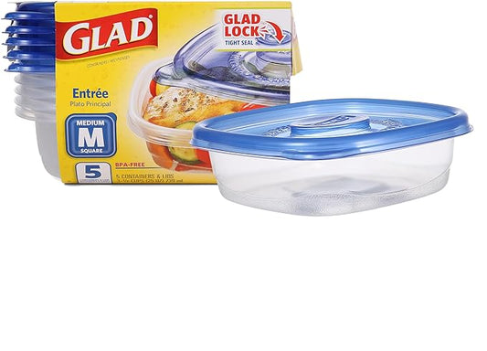 Glad Food Storage Containers for Everyday Use, Medium Square - Standard Meal Container Holds up to Twenty-Five Ounces, Blue, 25 oz - 5 Count