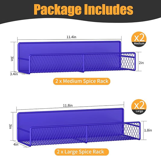 Magnetic Spice Rack for Refrigerator, 4 Pack 100% Metal Strong Magnet Fridge Shelves, Space Saving Spice Organizer, No Drilling Home Kitchen Laundry Room Storage Organization, Purple Blue