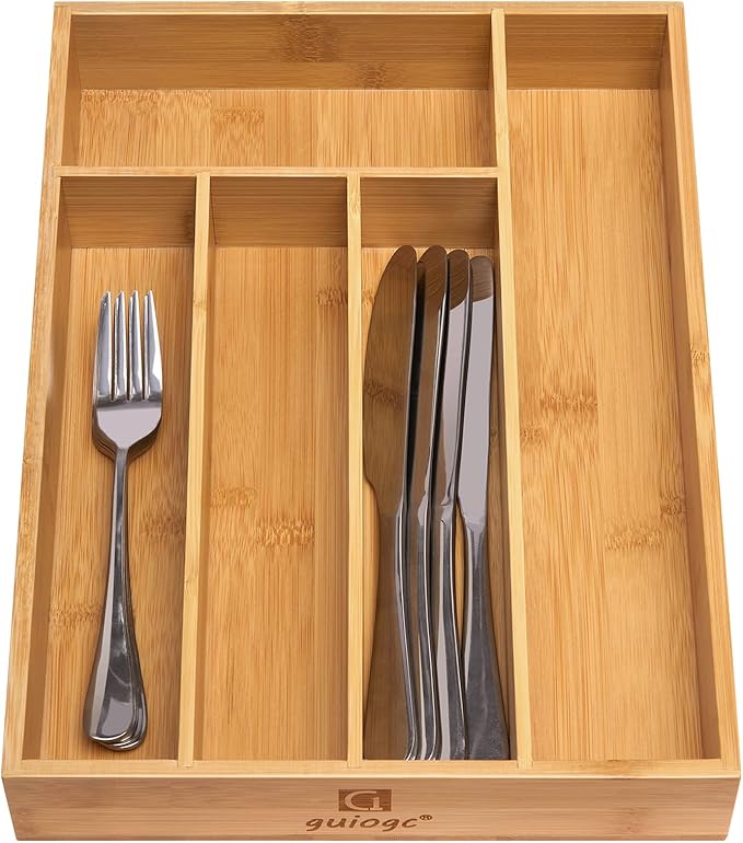 Kitchen Bamboo Silverware Drawer Organizer，Silverware Organizer and Cutlery Tray with Grooved Drawer Dividers for Silverware, Knives in Kitchen, Bedroom (5 Slot-Natural)