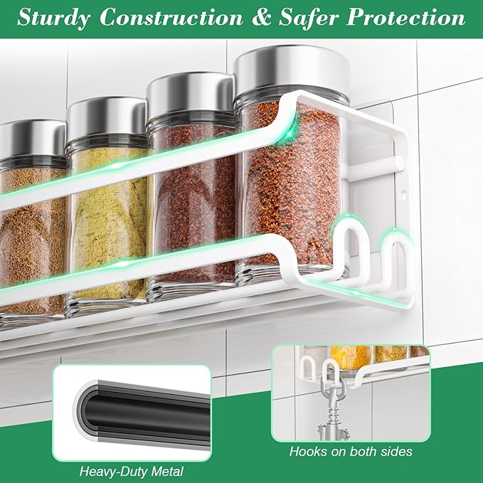 LUCYCAZ 2 Pack Wall Mounted Spice Rack with 8 Hooks, Spice Organizer for Cabinet Pantry Door,Screw or Adhesive Spice Shelf Hanging Wall Spice Rack in Kitchen and RV (White, 2 PACK)