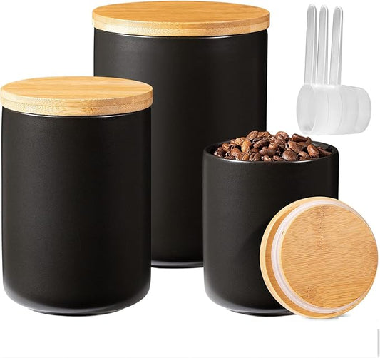 Yangbaga Black Canisters Sets for Kitchen-Set of 3 Kitchen Canisters for Countertop with Airtight Wood Lids,Ceramic Kitchen Storage Containers for Large Flour,Suger,Coffee