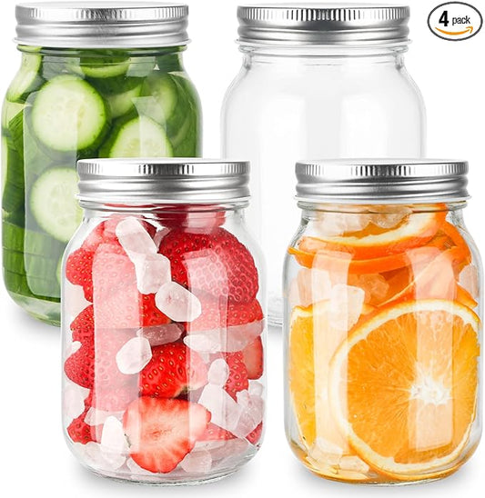 GUEQUITLEX Glass Mason Jars With Lids Genuine Preserve Jar 16OZ, Canning Jars for Food Storage, Dry Food, Snacks, Candies, DIY Projects 4 Pack