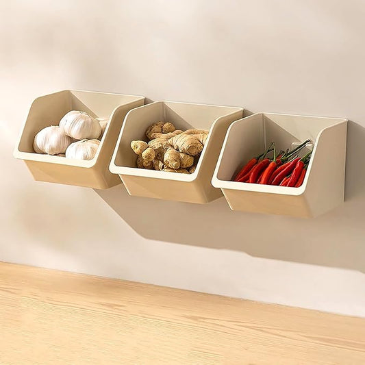 6-Pack Small Beige Storage Baskets, Plastic Storage Bins Kitchen Wall Organizer and Storage Shelves, Spice Organizer, Adhesive Spice Rack Wall Mount for Countertop/Cabinet/Bathroom