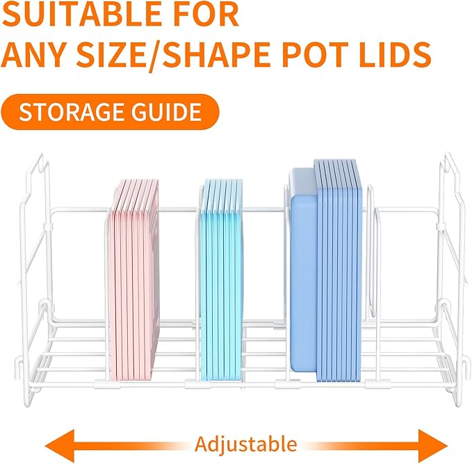 Metal 2-Tier Food Container Lid Organizer – MAYZOLOP Lid Organizers Inside Cabinet with 8 Adjustable Shelf for Kitchen Cabinets, Pantry – Keep Your Kitchen Tidy with Sturdy Storage (White)