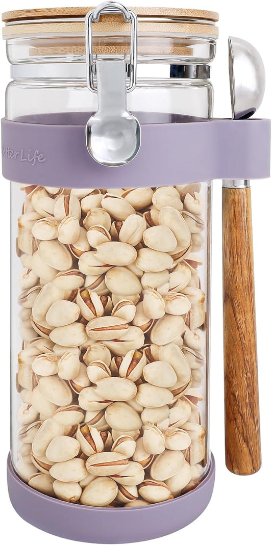 KKC HOME ACCENTS Airtight Clear Glass Food Storage Container with Clamp Lid and Scoop,Glass Sealed Jar Canister for Coffee Bean,Cocoa,Peanut,Pecan,Walnut,Nutmeg,Nut,50 Fluid Ounce