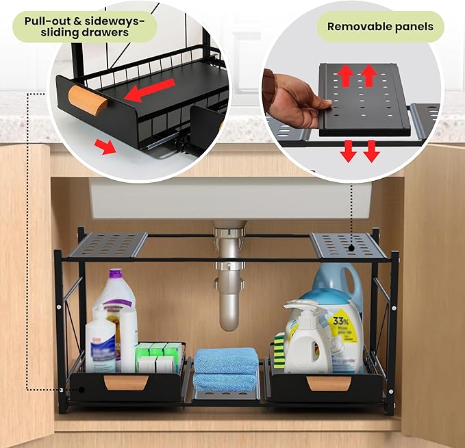 Expandable Kitchen Under Sink Organizers and Storage - Rustproof Bathroom Organizers and Storage - 2 Tier Sliding Basket Drawers, Adjustable Width & Height Bathroom Cabinet Organizer