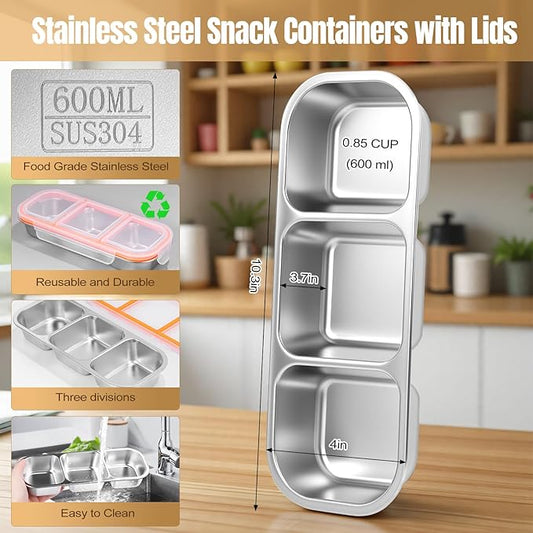 Stainless Steel Snack Containers - Reusable 3 Compartment Condiment Box with Lids for Kids Adults, Grab and Go Divided Snack Food Storage Containers Sauce Cups for School, Travel