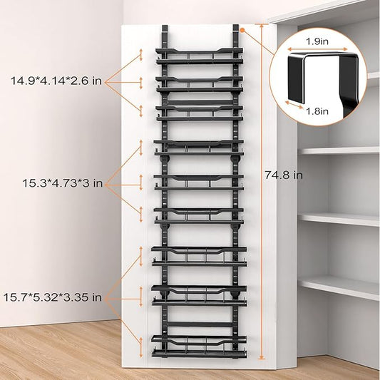Over The Door Pantry Organizer, 9-Tier Over The Door Organizer with Adjustable Baskets, Metal Hanging Spice Rack for Pantry Organizers and Storage, Suitable for Kitchen Laundry Room & Bathroom, Black