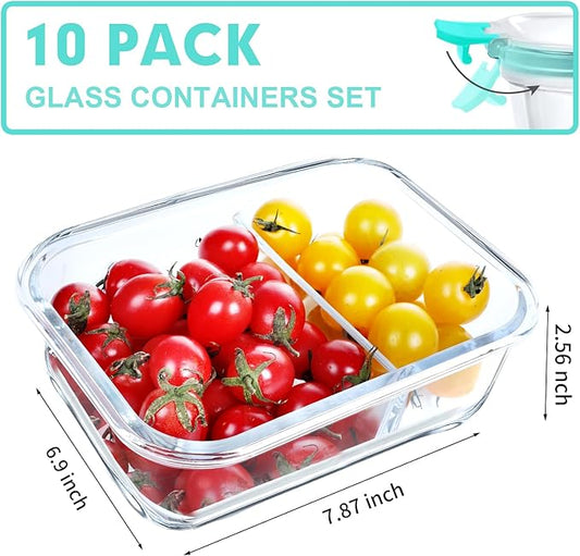 VERONES 10 Pack Glass Meal Prep Containers 2 Compartment Set, 30 OZ Airtight Glass Lunch Containers, Glass Food Storage Containers with Lids, for Microwave, Oven, Freezer & Dishwasher Friendly，Green