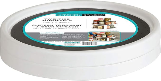 Kitchen Spaces Two-Tier Lazy Susan Organizer, Cabinet Turntable Shelf Storage for Kitchen and Pantry Items, Great for Spices or Condiments, Non-Skid, Sturdy with Full Spin, White