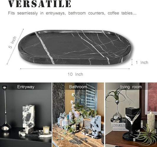 JINGJU Black Marble Oval Tray 10"x5", Natural Stone Decorative Tray for Jewelry, Candle, Bathroom Counter, Coffee Table, Perfume Display