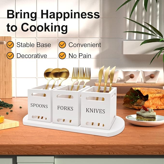 Ayiaren Wooden Flatware Silverware Caddy White Cutlery Holder with Wood Tray Utensils Holder for Kitchen Counter Wood Silverware Organizer for Table Countertop Knife Fork and Spoon Holder for Party