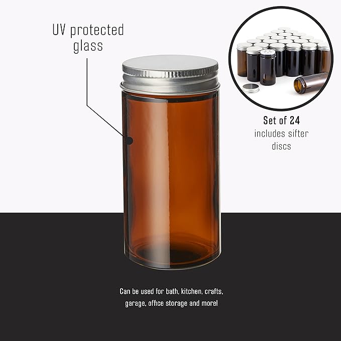 Kamenstein Amber Reusable 3 Oz Jars With Shaker Lids, And Twist-On Caps For Airtight Seals 24 Pk